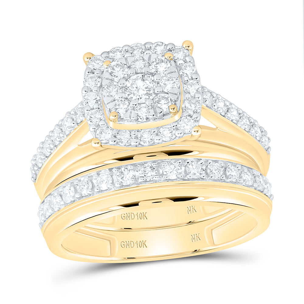 10K Yellow Or White Gold 1 1/3 Cttw Natural Diamond Nk Fashion Square Bridal Anniversary Wedding Engagement Band Ring Trio Set