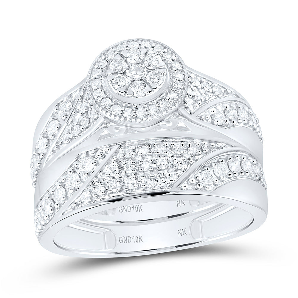 10K Yellow Or White Gold 7/8 Cttw Natural Diamond Nk Fashion Round Bridal Anniversary Wedding Engagement Band Ring Trio Set