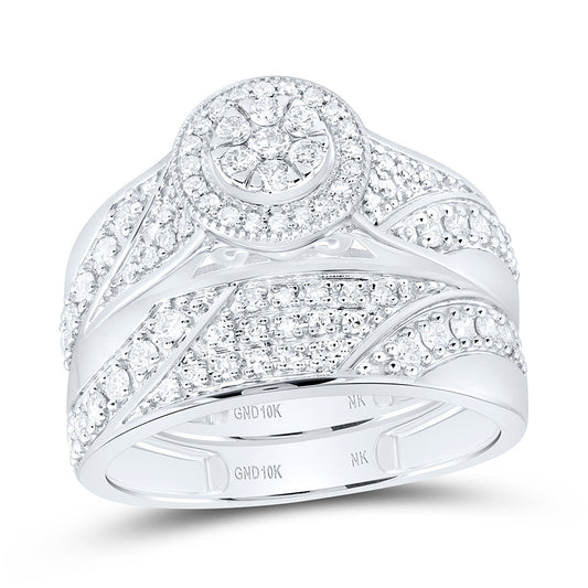 10K Yellow Or White Gold 7/8 Cttw Natural Diamond Nk Fashion Round Bridal Anniversary Wedding Engagement Band Ring Trio Set