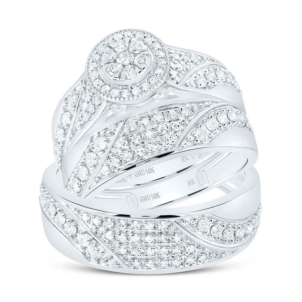 10K Yellow Or White Gold 7/8 Cttw Natural Diamond Nk Fashion Round Bridal Anniversary Wedding Engagement Band Ring Trio Set