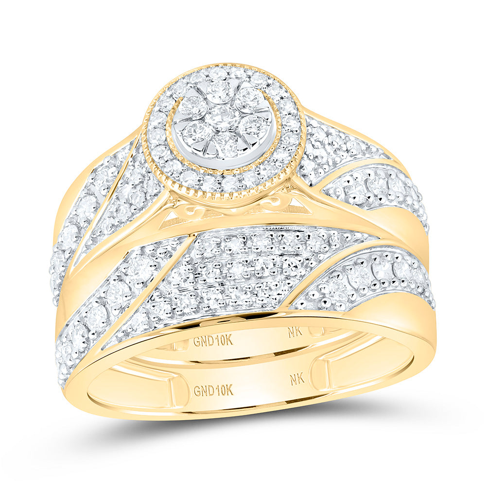 10K Yellow Or White Gold 7/8 Cttw Natural Diamond Nk Fashion Round Bridal Anniversary Wedding Engagement Band Ring Trio Set