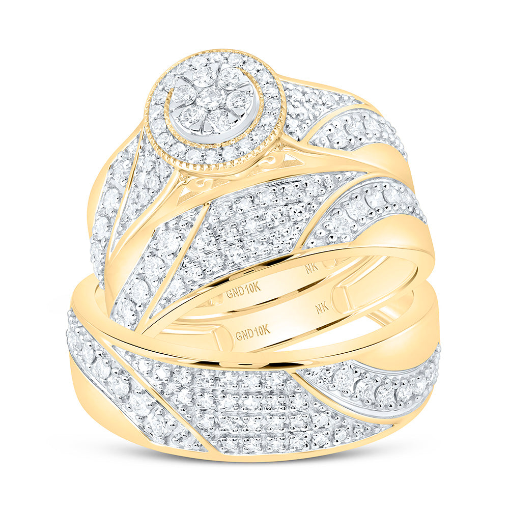 10K Yellow Or White Gold 7/8 Cttw Natural Diamond Nk Fashion Round Bridal Anniversary Wedding Engagement Band Ring Trio Set