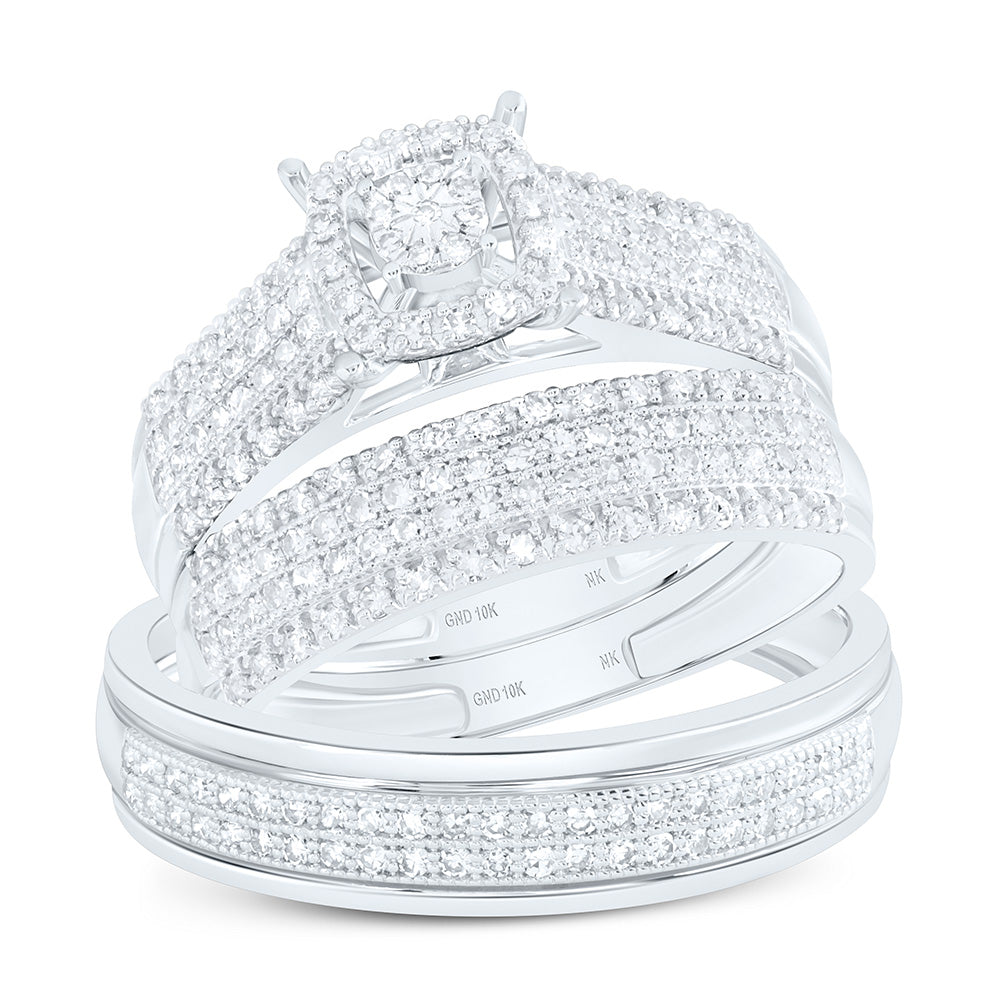 10K Yellow Or White Gold 3/4 Cttw Natural Diamond Nk Fashion Bridal Anniversary Wedding Engagement Band Ring Trio Set