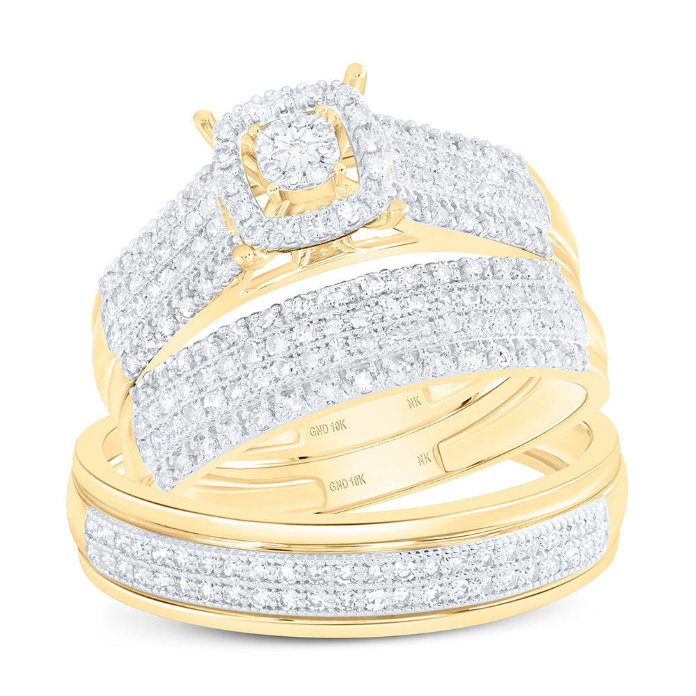 10K Yellow Or White Gold 3/4 Cttw Natural Diamond Nk Fashion Bridal Anniversary Wedding Engagement Band Ring Trio Set