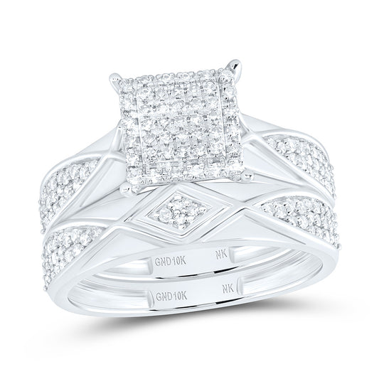10K Yellow Or White Gold 5/8 Cttw Natural Diamond Nk Fashion Square Bridal Anniversary Wedding Engagement Band Ring Trio Set