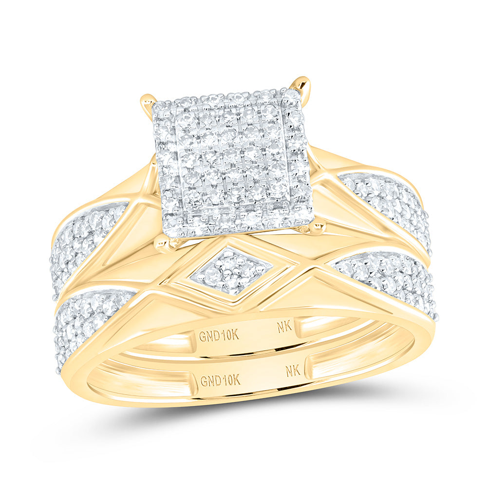 10K Yellow Or White Gold 5/8 Cttw Natural Diamond Nk Fashion Square Bridal Anniversary Wedding Engagement Band Ring Trio Set