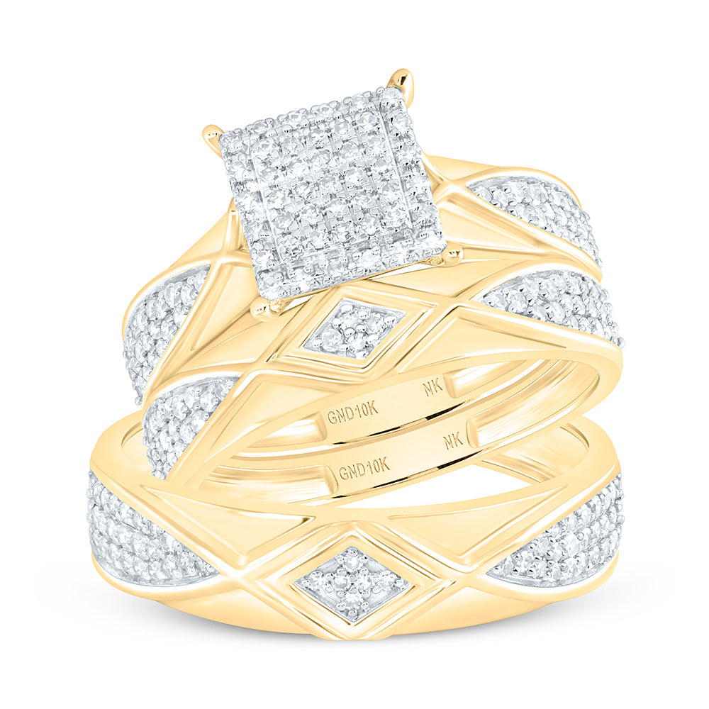 10K Yellow Or White Gold 5/8 Cttw Natural Diamond Nk Fashion Square Bridal Anniversary Wedding Engagement Band Ring Trio Set