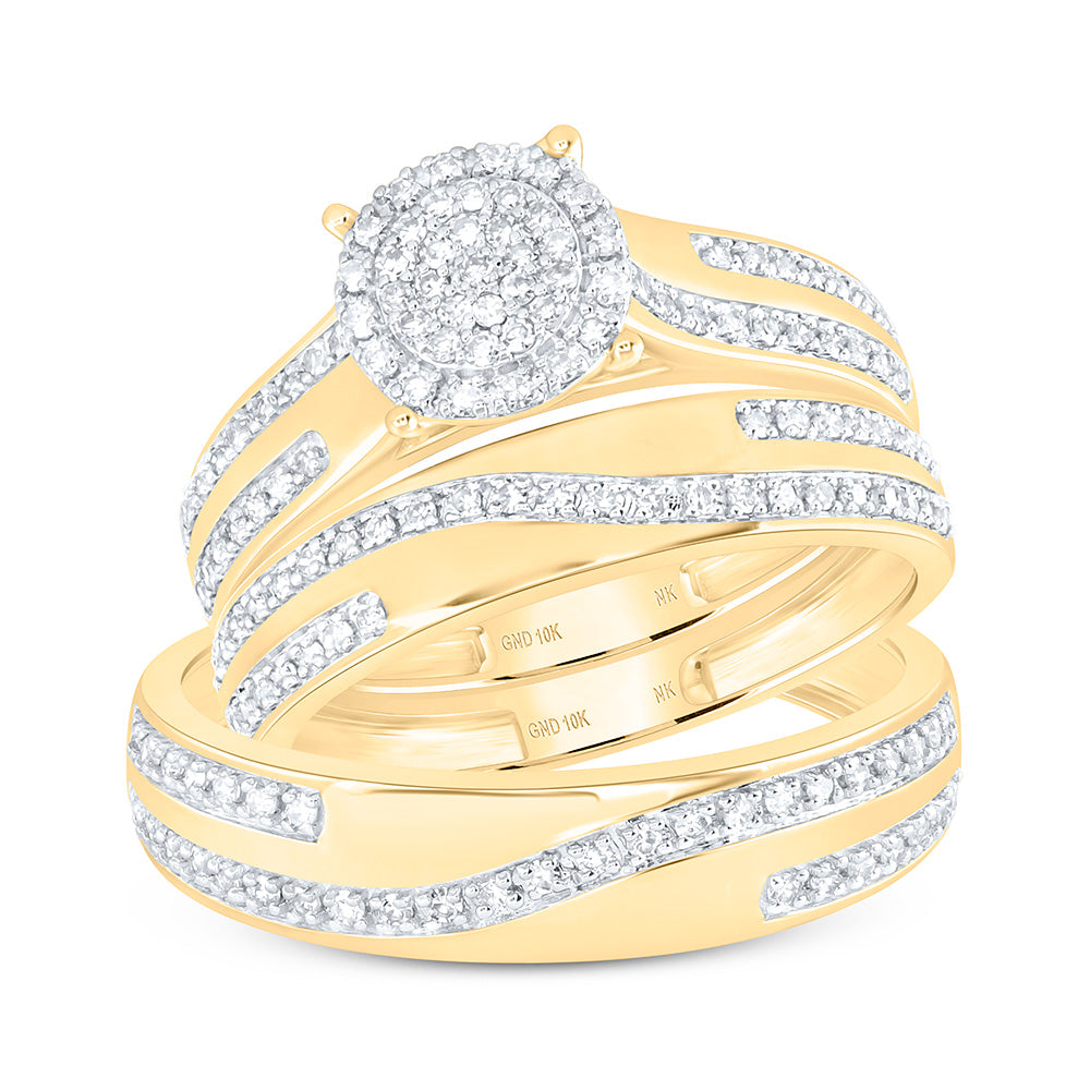 10K Yellow Or White Gold 1/2 Cttw Natural Diamond Nk Fashion Round Bridal Anniversary Wedding Engagement Band Ring Trio Set