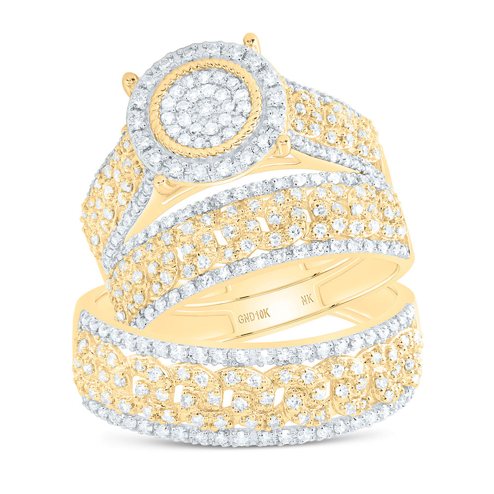 10K Yellow Or White Gold 7/8 Cttw Natural Diamond Nk Fashion Round Bridal Anniversary Wedding Engagement Band Ring Trio Set
