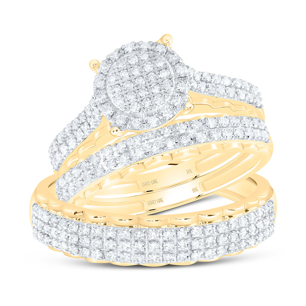 10K Yellow Or White Gold 5/8 Cttw Natural Diamond Nk Fashion Round Bridal Anniversary Wedding Engagement Band Ring Trio Set