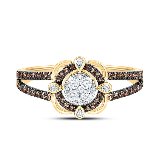 10K Yellow Or Rose Gold 1/2 Cttw Natural Diamond Cn Fashion Cognac Natural Round Bridal Anniversary Wedding Engagement Band Ring