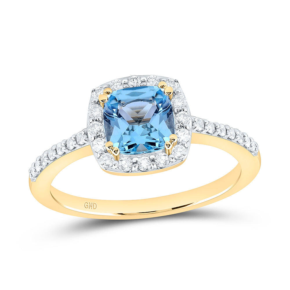14K Yellow Gold 1/5Cttw Diamond 1Cttw Blue Topaz Gemstone Cushion Ring
