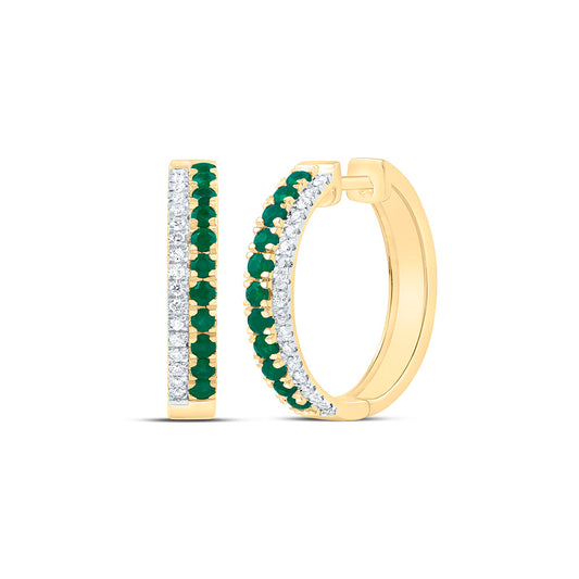 14K Yellow Gold 1/4Ctw Natural Diamond Ana M 5/8Ct Round Emerald Natural Gem Hoop Earring