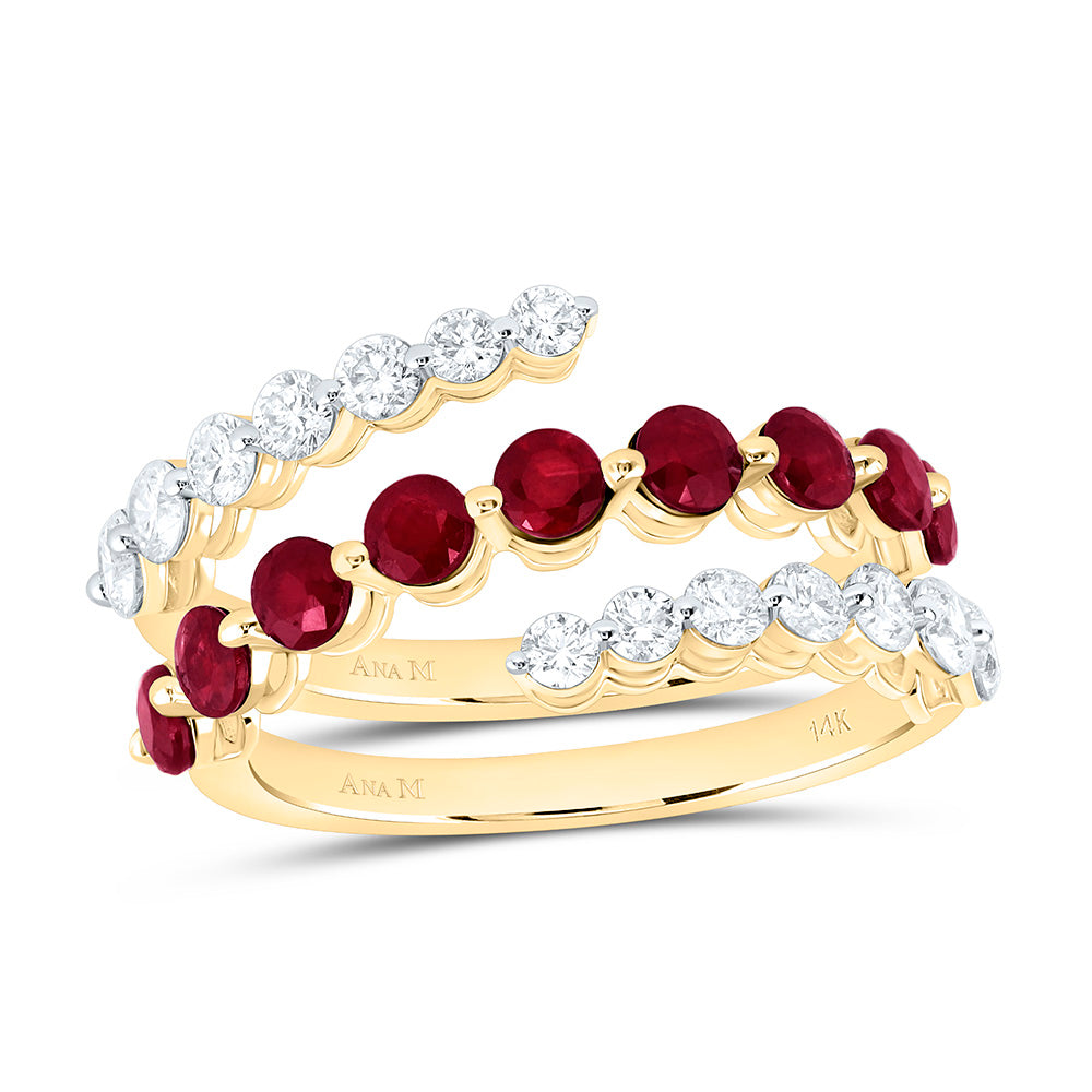 14K Yellow Gold 7/8 Cttw Diamond Ana M 1 Cttw Round Ruby Natural Gem Bridal Anniversary Wedding Engagement Band Ring