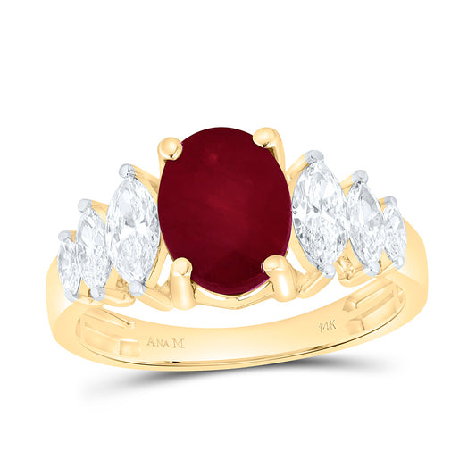 14K Yellow Gold 7/8Ctw Natural Diamond Ana M Marquise I1 9X7Mm-Oval Ruby Natural Gem Fashion Ring