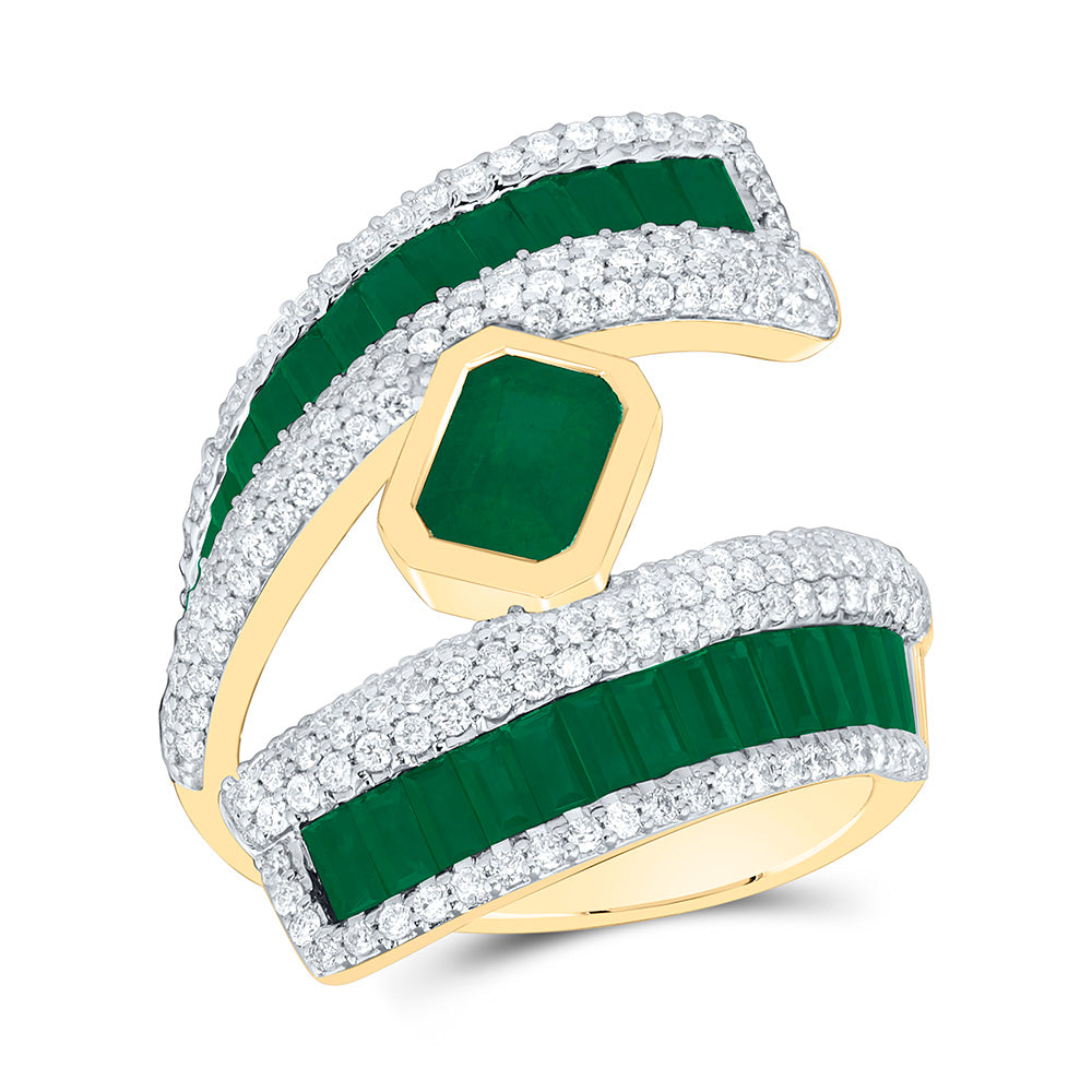 14K Yellow Gold 7/8Ctw Natural Diamond Ana M 7X5Mm Emerald Emerald, 1 7/8Ct Baguette  Emerald Natural Gem Ring