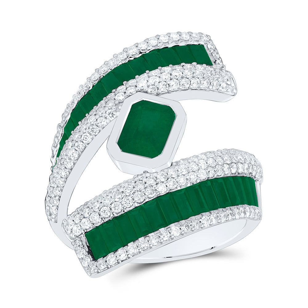 14K Yellow Gold 7/8Ctw Natural Diamond Ana M 7X5Mm Emerald Emerald, 1 7/8Ct Baguette  Emerald Natural Gem Ring