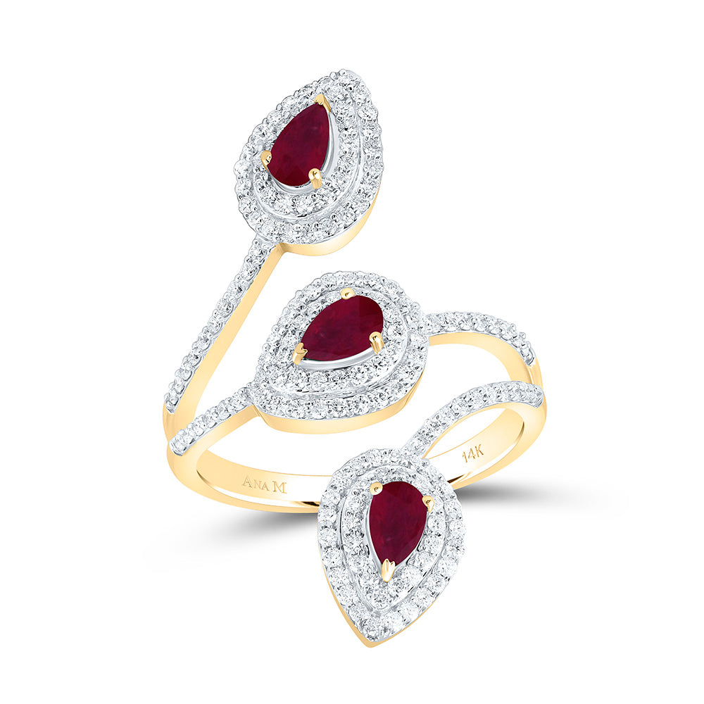 14K Yellow Gold 3/4Ctw Natural Diamond Ana M 5X3Mm Pear Ruby Natural Gem Pear Ring