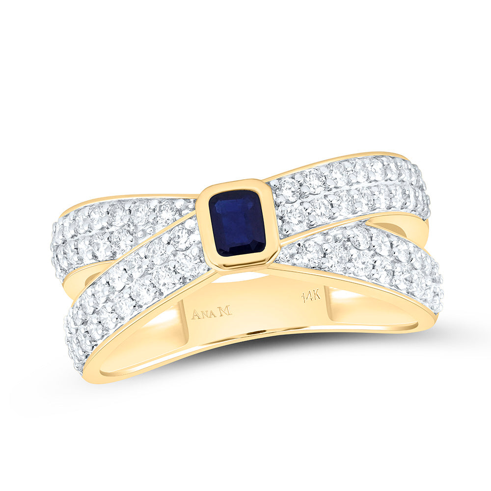 14K Yellow Gold 3/4Ctw Natural Diamond Ana M 4X3Mm-Emerald Blue Sapphire Natural Gem Emerald Ring