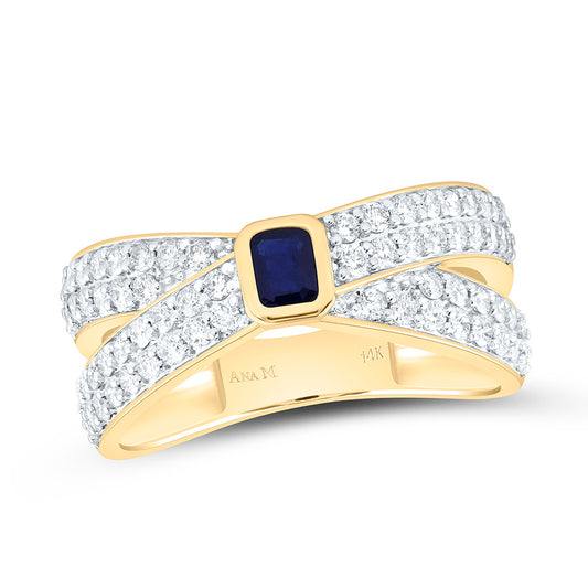 14K Yellow Gold 3/4Ctw Natural Diamond Ana M 4X3Mm-Emerald Blue Sapphire Natural Gem Emerald Ring