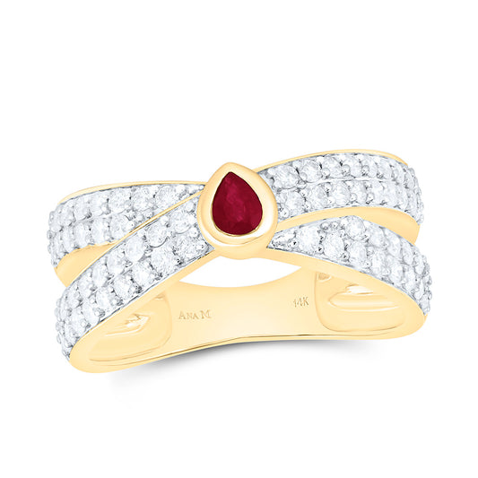 14K Yellow Gold 3/4Ctw Natural Diamond Ana M 4X3Mm Pear Ruby Natural Gem Pear Ring