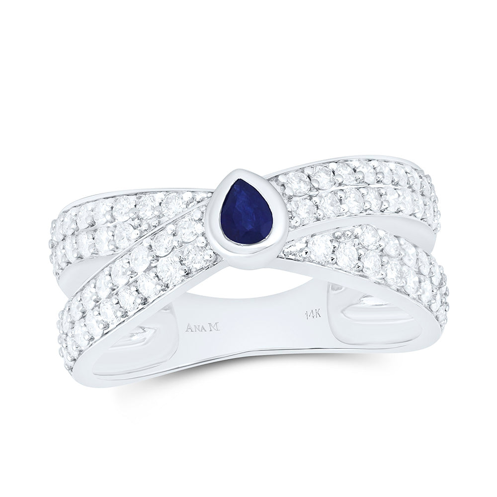 14K White Gold 3/4Ctw Natural Diamond Ana M 4X3Mm Pear Blue Sapphire Natural Gem Pear Ring