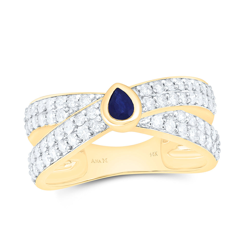 14K White Gold 3/4Ctw Natural Diamond Ana M 4X3Mm Pear Blue Sapphire Natural Gem Pear Ring