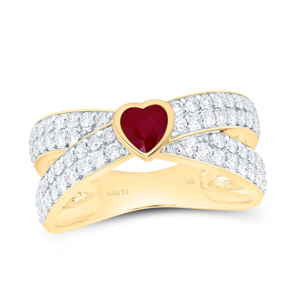 14K Yellow Gold 3/4 Cttw Natural Diamond Ana M 4.5Mm Ruby Natural Gem Heart Ring