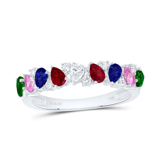 14K White Gold 1/5 Cttw Natural Diamond Ana M 1 Cttw Pear Natural Gem Multi Color Sapphire Band