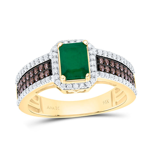 14K Yellow Gold 5/8Ctw Natural Diamond Ana M Cognac Natural, 7X5Mm Emerald Emerald Natural Gem Emerald Ring