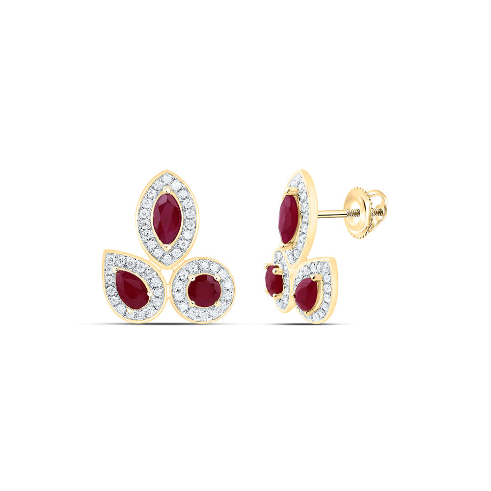 14K Yellow Or White Gold 1/4Ctw Natural Diamond Ana M 7/8Ct Round Ruby, Marquise Ruby, Pear Ruby Natural Gem Earring