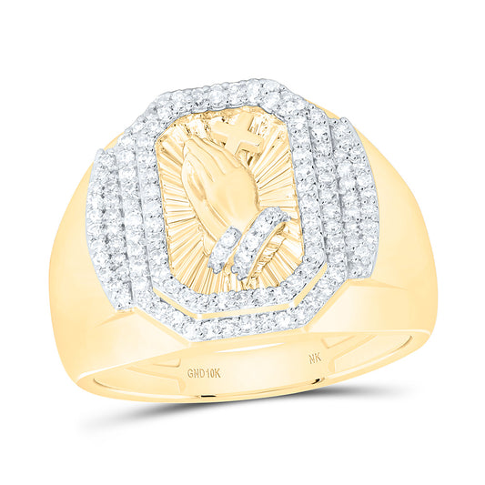 10K Yellow Gold 1/2Ctw Natural Diamond Praying Hand Cross Mens Ring