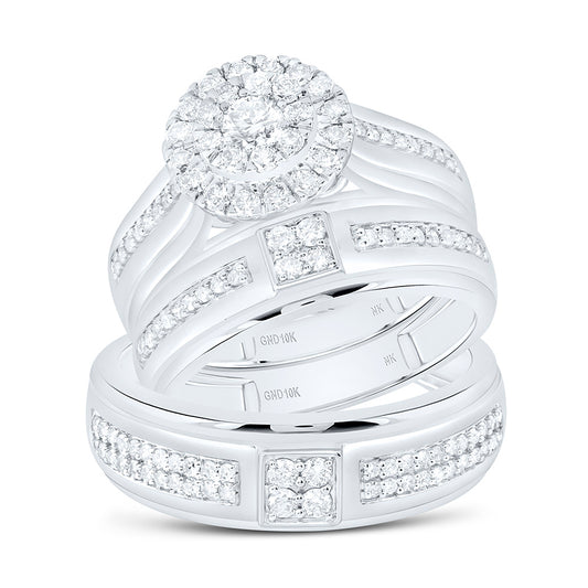 10K White Gold 1Ctw Natural Diamond Round Trio Set