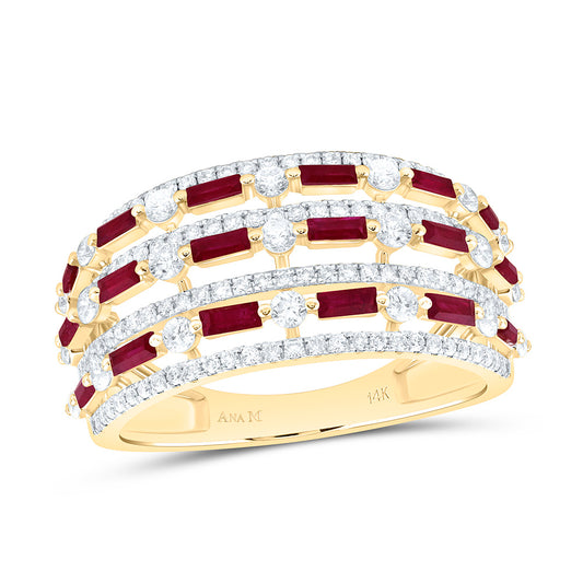 14K Yellow Gold 7/8Ctw Natural Diamond Ana M 7/8Ct Baguette Ruby Natural Gem Ring