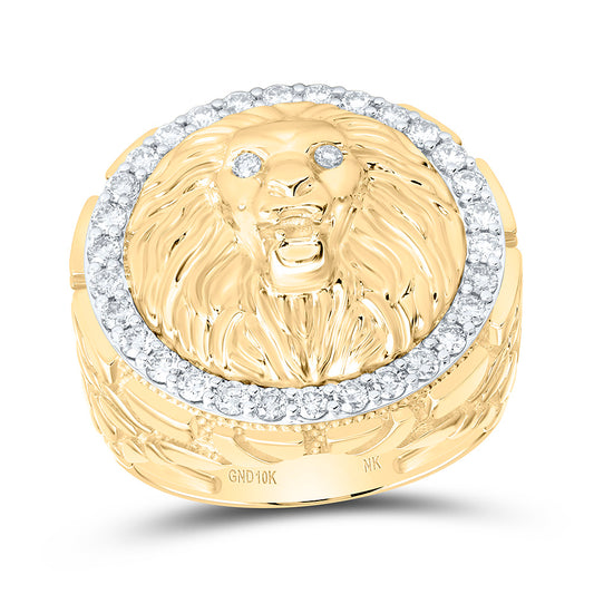 10K Yellow Gold 7/8Ctw Natural Diamond Lion Face Mens Ring