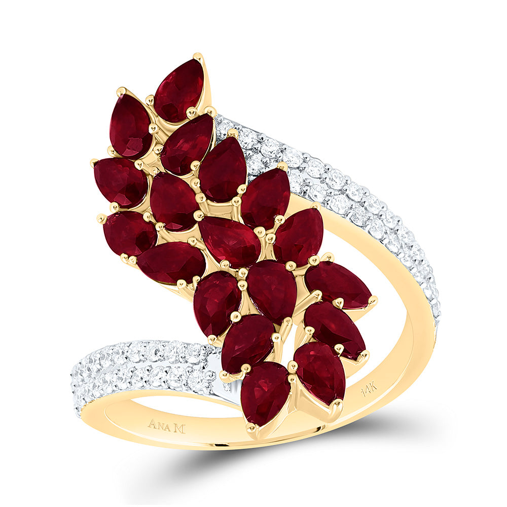 14K Yellow Gold 1/3Ctw Natural Diamond Ana M 2 3/8Ct Pear Ruby Natural Gem Ring