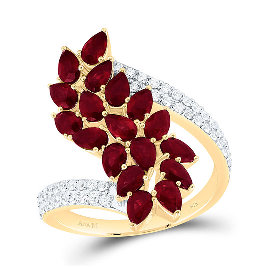 14K Yellow Gold 1/3Ctw Natural Diamond Ana M 2 3/8Ct Pear Ruby Natural Gem Ring