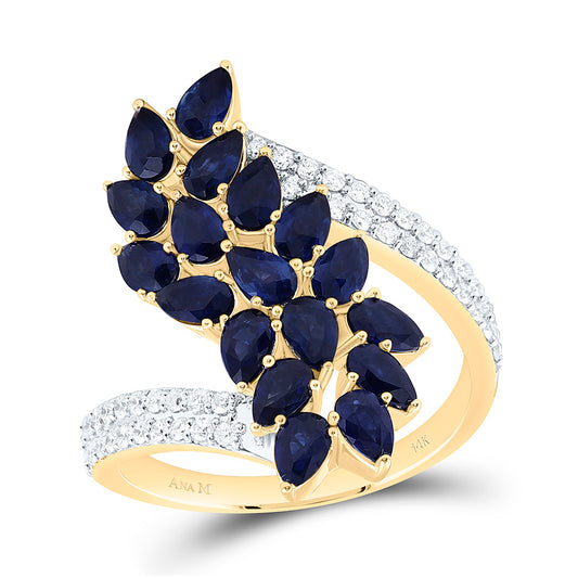 14K Yellow Gold 1/3Ctw Natural Diamond Ana M 2 3/4Ct Pear Blue Sapphire Natural Gem Ring