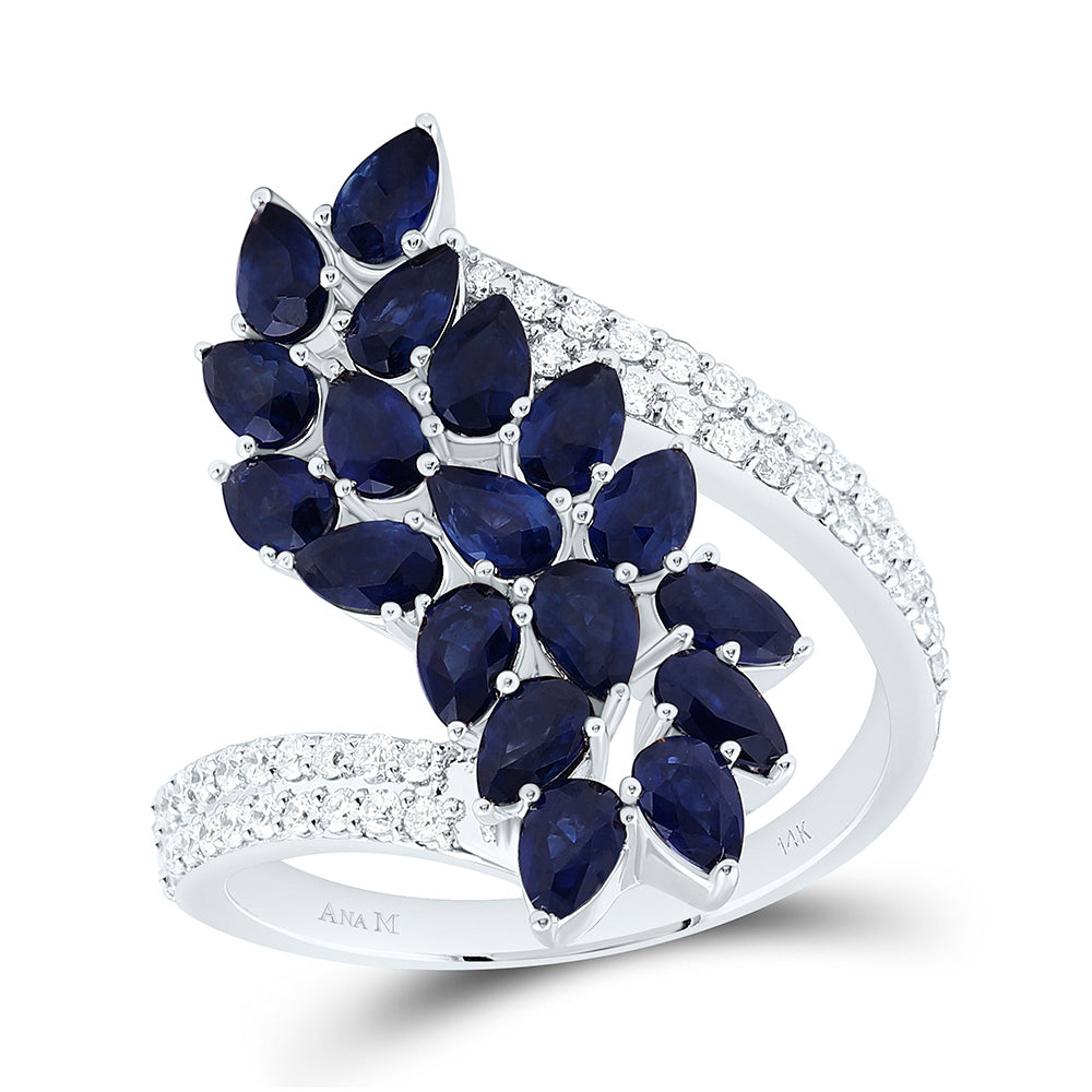 14K Yellow Gold 1/3Ctw Natural Diamond Ana M 2 3/4Ct Pear Blue Sapphire Natural Gem Ring