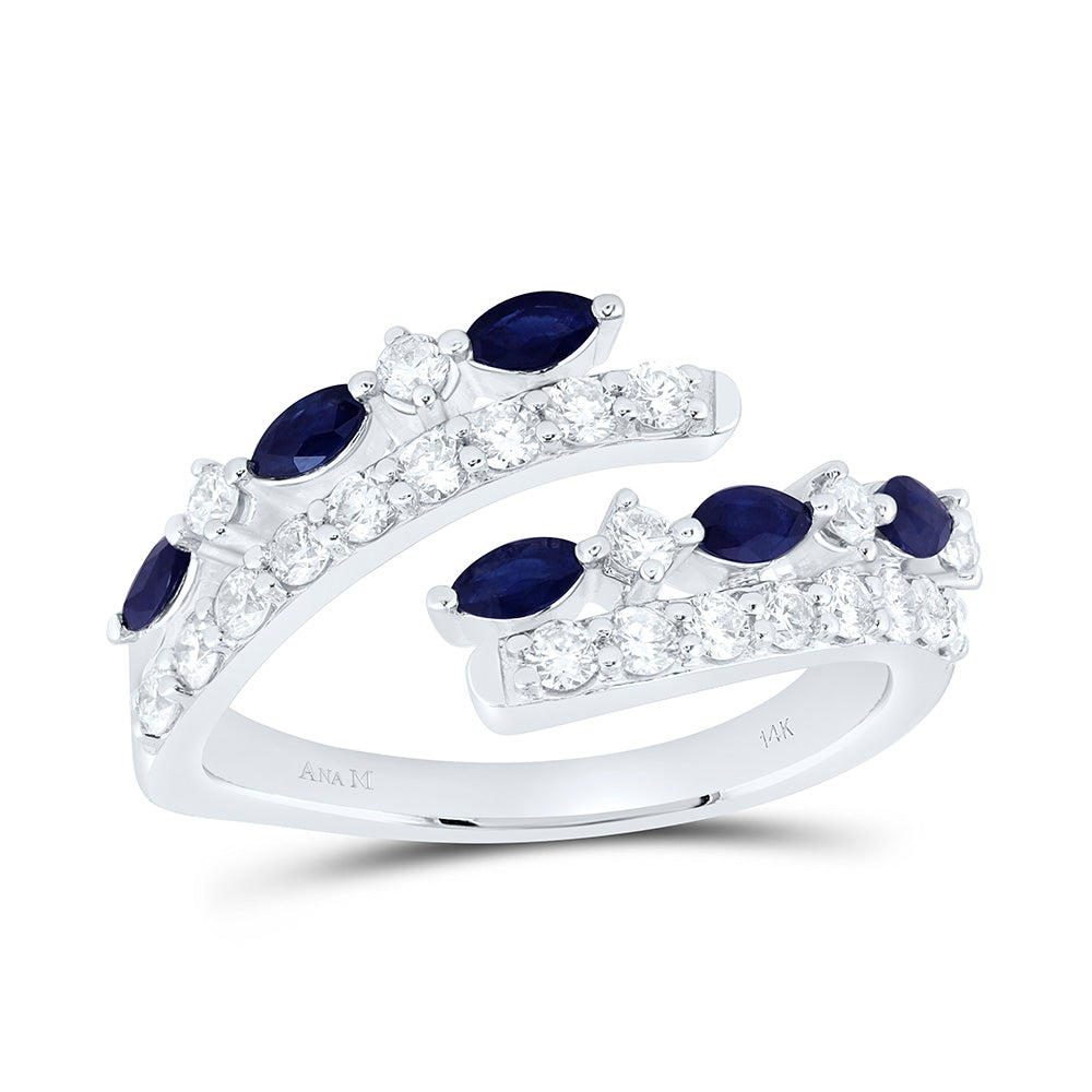 14K White Gold 5/8Ctw Natural Diamond Ana M 1/2 Cttw Marquise Blue Sapphire Natural Gem Cuff Ring