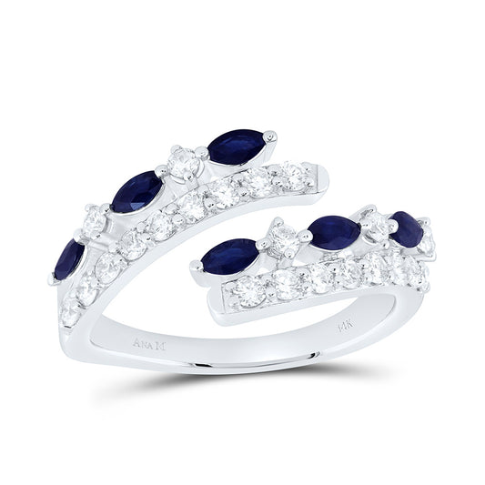14K White Gold 5/8Ctw Natural Diamond Ana M 1/2 Cttw Marquise Blue Sapphire Natural Gem Cuff Ring