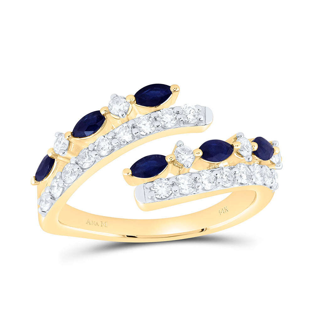 14K White Gold 5/8Ctw Natural Diamond Ana M 1/2 Cttw Marquise Blue Sapphire Natural Gem Cuff Ring
