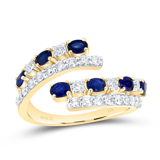 14K White Gold 3/4Ctw Natural Diamond Ana M 7/8Ct Oval Blue Sapphire Natural Gem Cuff Ring
