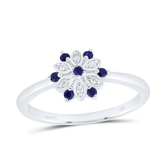 14K White Gold 0.03Ctw Natural Diamond Ana M 1/8Ct Round Blue Sapphire Natural Gem Flower Ring