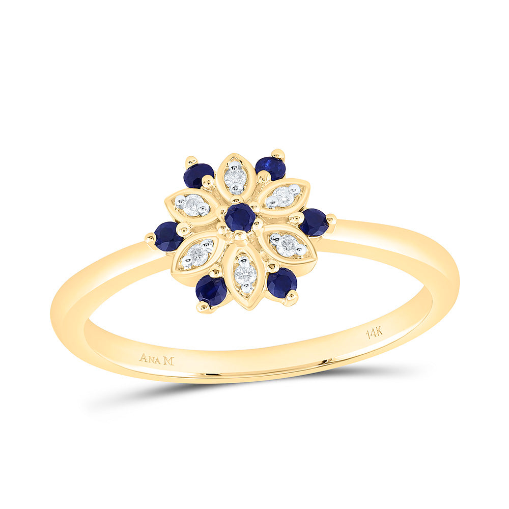 14K White Gold 0.03Ctw Natural Diamond Ana M 1/8Ct Round Blue Sapphire Natural Gem Flower Ring