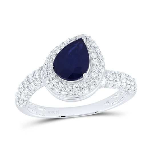 14K White Gold 5/8Ctw Natural Diamond Ana M 8X6Mm Pear Blue Sapphire Natural Gem Pear Ring