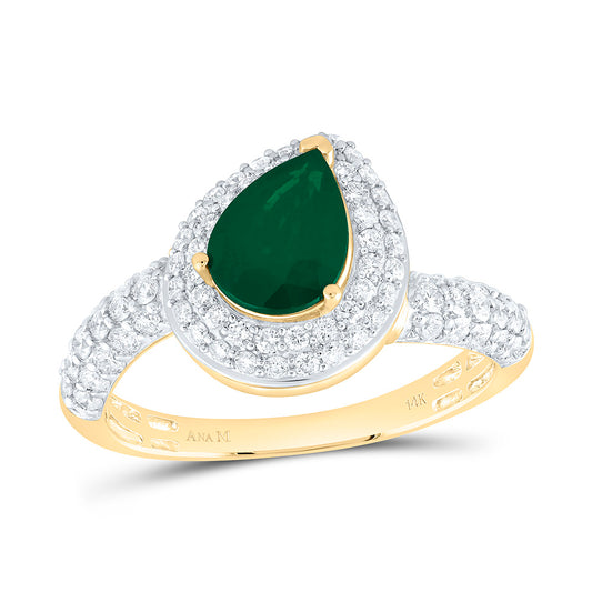 14K Yellow Gold 5/8Ctw Natural Diamond Ana M 8X6Mm Pear Emerald Natural Gem Pear Ring