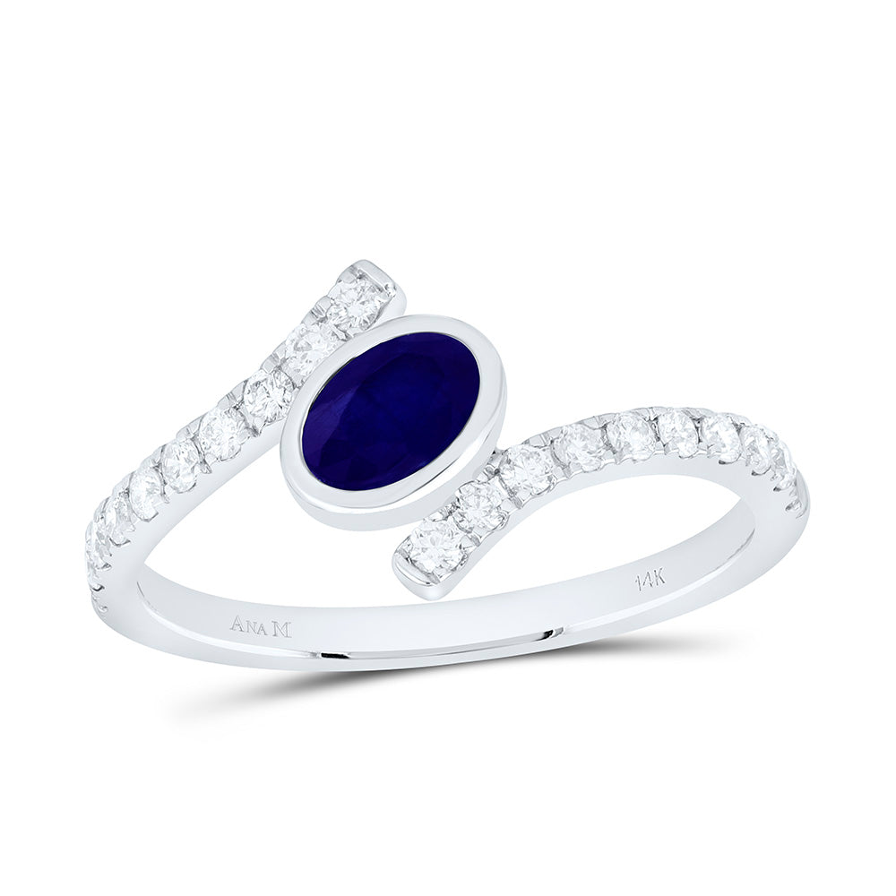 14K White Gold 1/4Ctw Natural Diamond Ana M 6X4Mm Oval Blue Sapphire Natural Gem Oval Ring