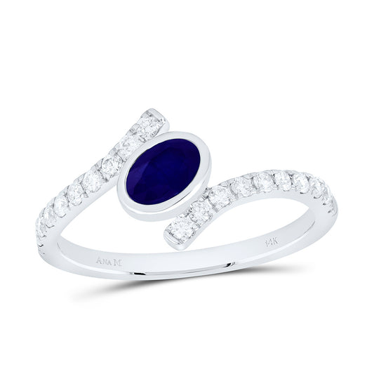 14K White Gold 1/4Ctw Natural Diamond Ana M 6X4Mm Oval Blue Sapphire Natural Gem Oval Ring