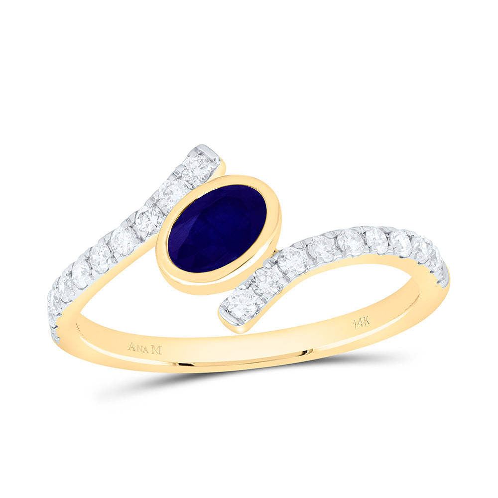 14K White Gold 1/4Ctw Natural Diamond Ana M 6X4Mm Oval Blue Sapphire Natural Gem Oval Ring